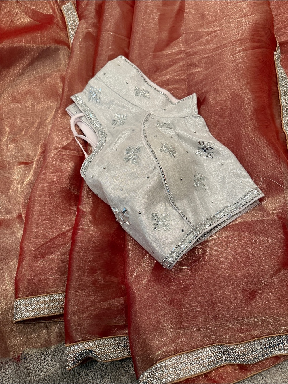 Elegant Coral Saree with Crystal Trim